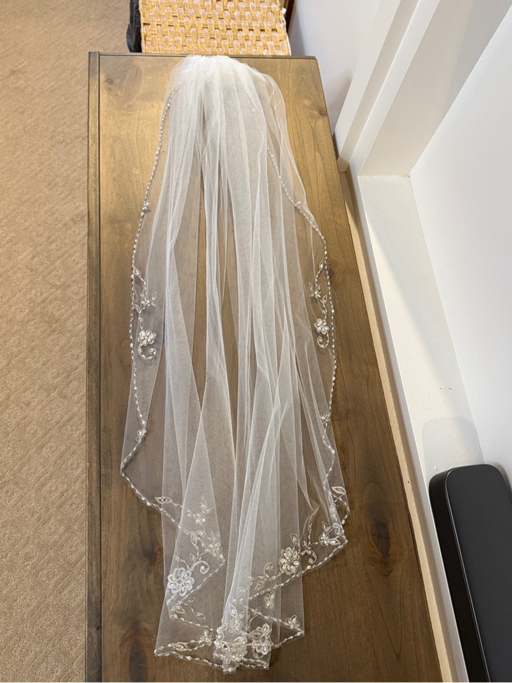 Bridal Veil with Beaded Floral Edge - White